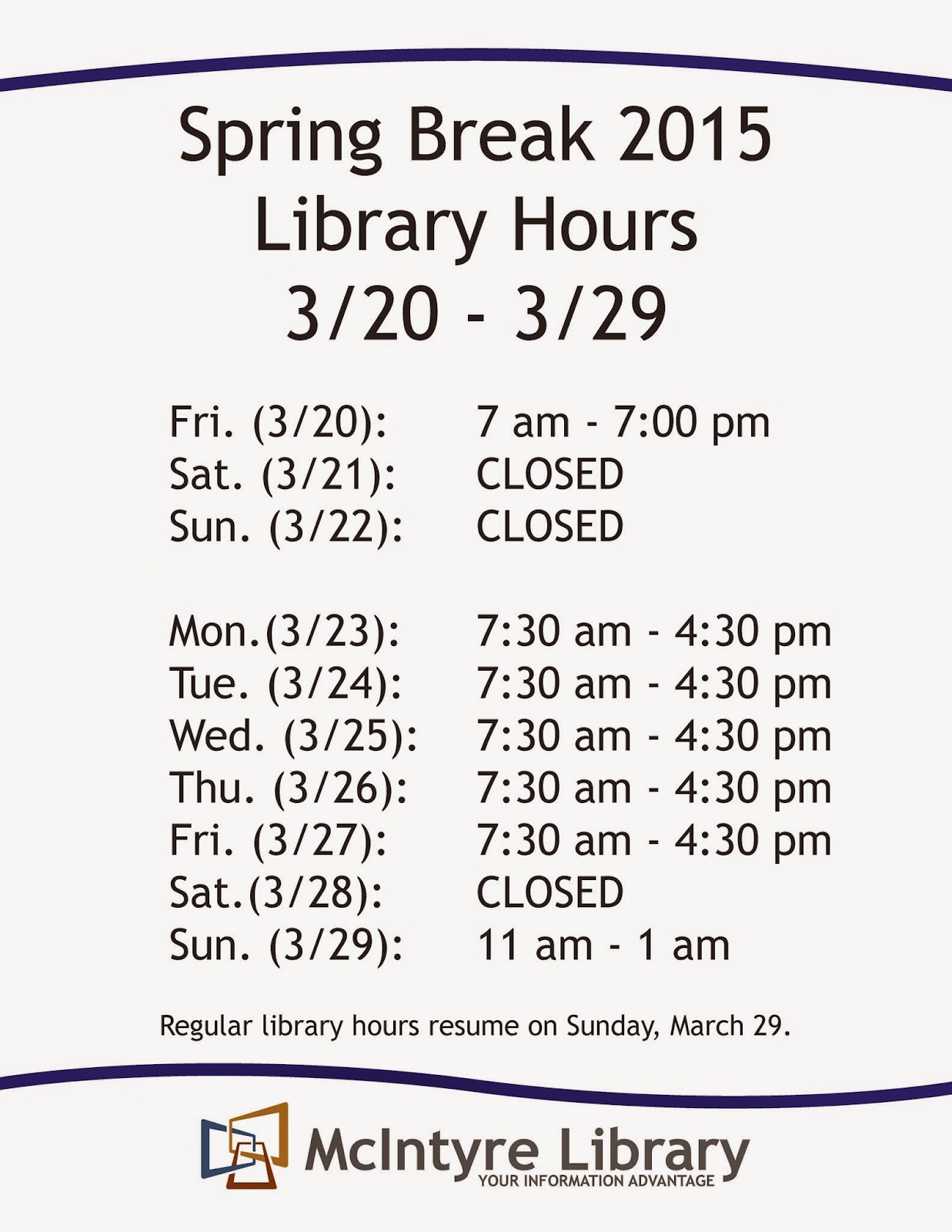 McIntyre Library News Spring Break 2015 Library Hours