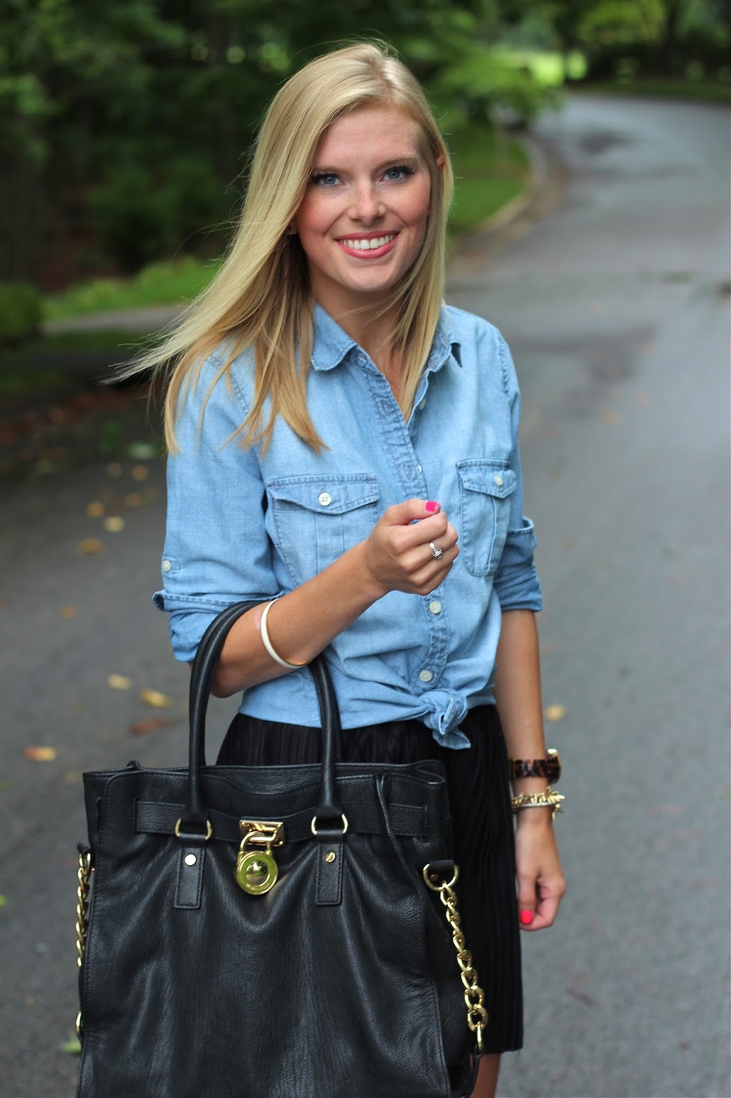 Top: J.Crew | Skirt: Target, old | Boots: Hunter Wellies | Bag: Michael Kors Large Hamilton Tote | Bracelets: Michael Kors watch + David Yurman + Stella \u0026amp; ...