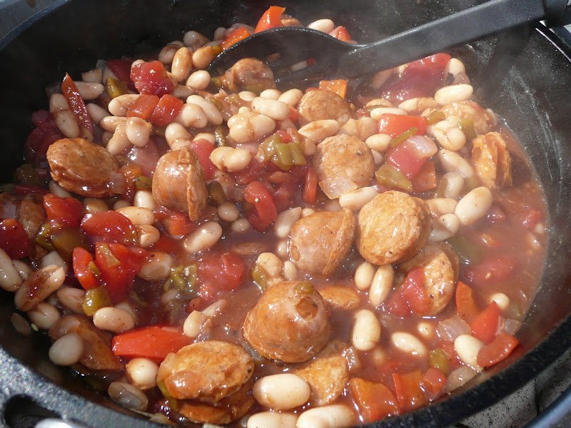 Everyday Dutch Oven Baked Barbecue Beans and Spicy Sausage