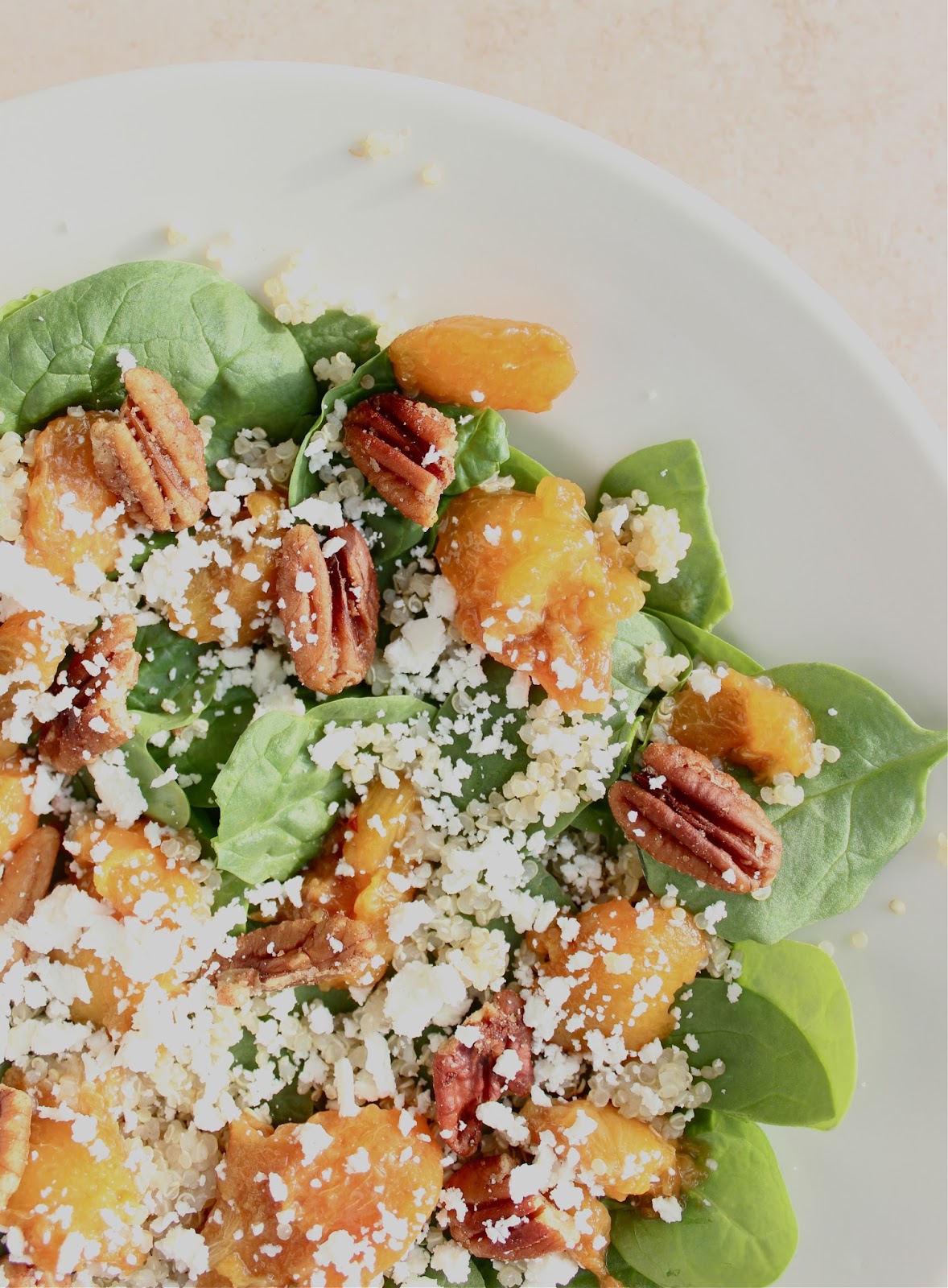 Stew or a Story Spinach Quinoa Salad with Peaches, Goat Cheese, and