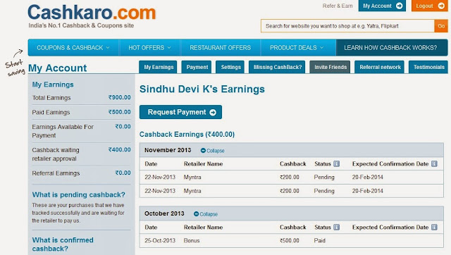 My First Cashback From Cashkaro.com!