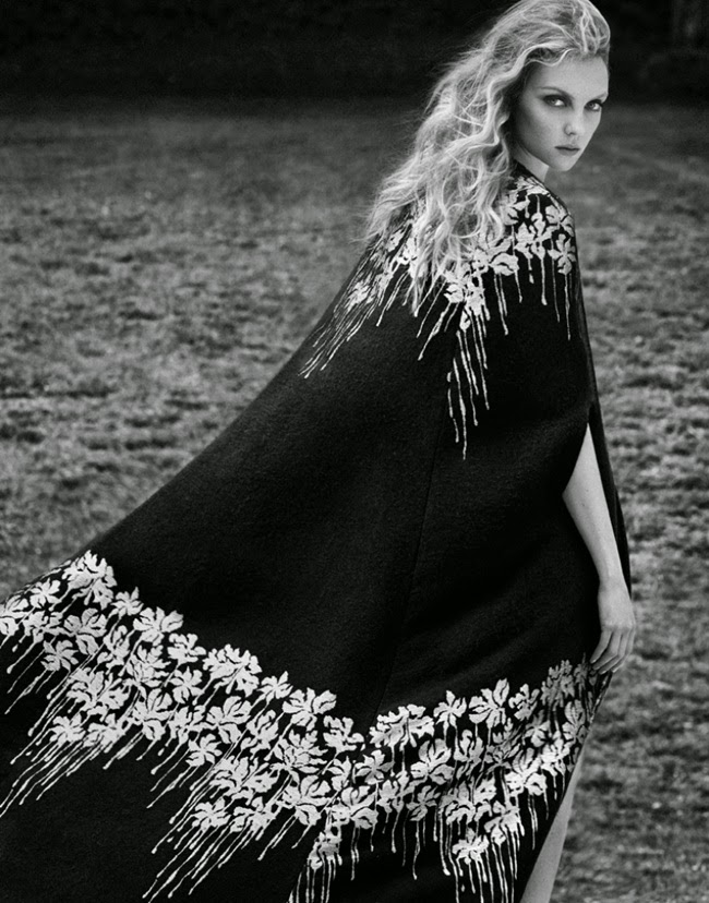 Elle Russia December 2014, Heather Marks Blumarine 2014 AW Black Royal Long Cape Editorials