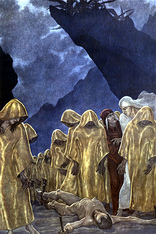 Inferno, Canto 23: Os hipócritas se dirigem a Dante, ilustração da Divina  Comédia de Dante Alighieri, 1885 (gravura digital colorida)