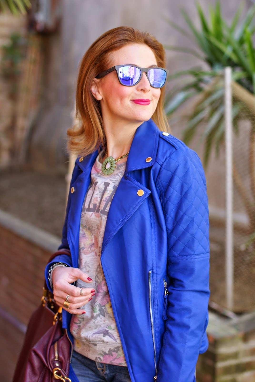 Morgan blue biker jacket, Sodini bijoux collana, See by Chloé blue ankle boots, Fashion and Cookies, fashion blogger