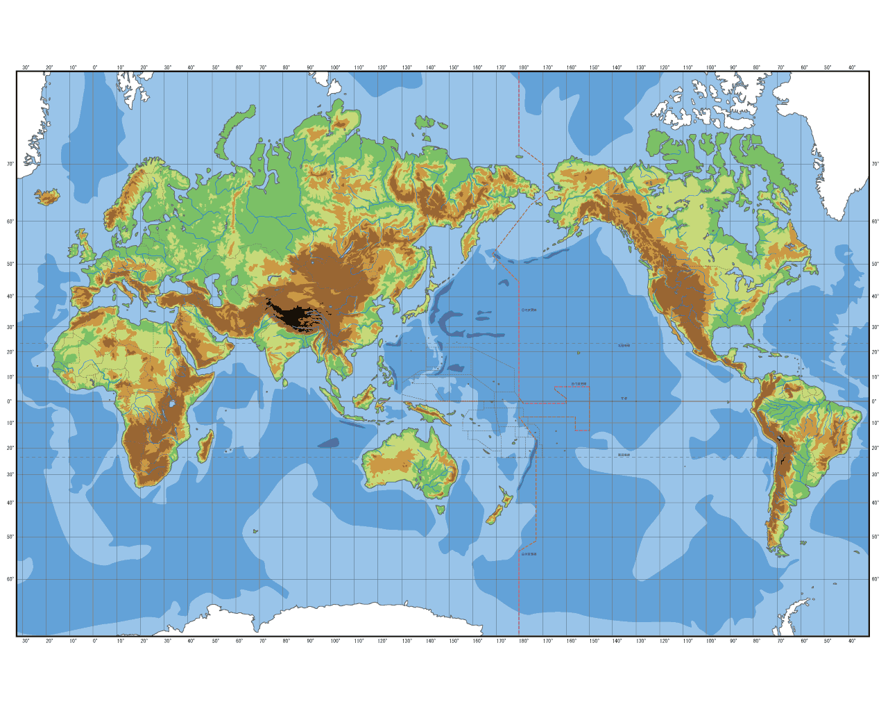 Physische Weltkarte 1280 X 1024 Pixel Koloriert Unbeschriftet