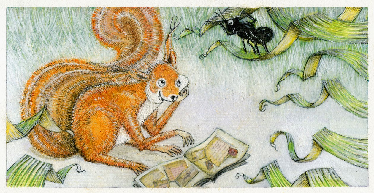 Danilo Fresta Lo scoiattolo e la formica acrilico pastelli ad olio matite colorate carboncino collage