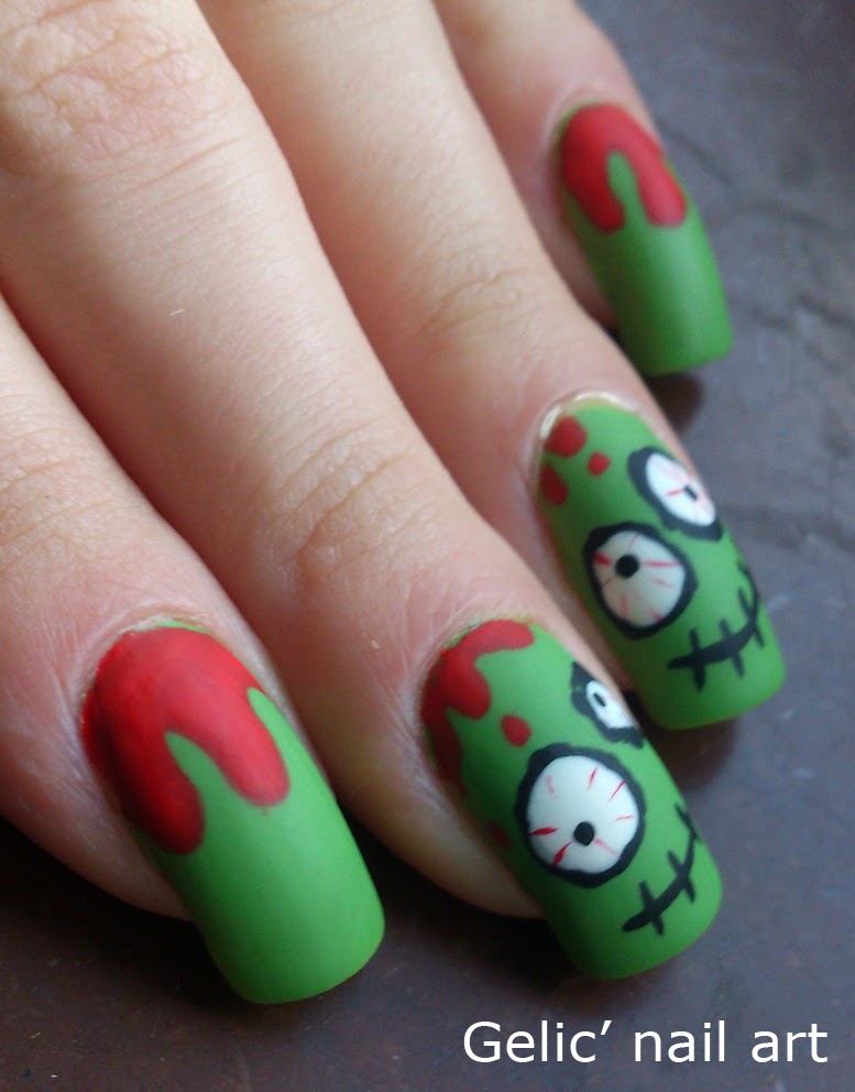 Gelic' nail art Cute n’ crazy green bloody zombie nail art