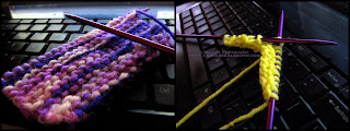 Two small knitting attempts, one with yellow yarn and one with variegated purples and white yarn.