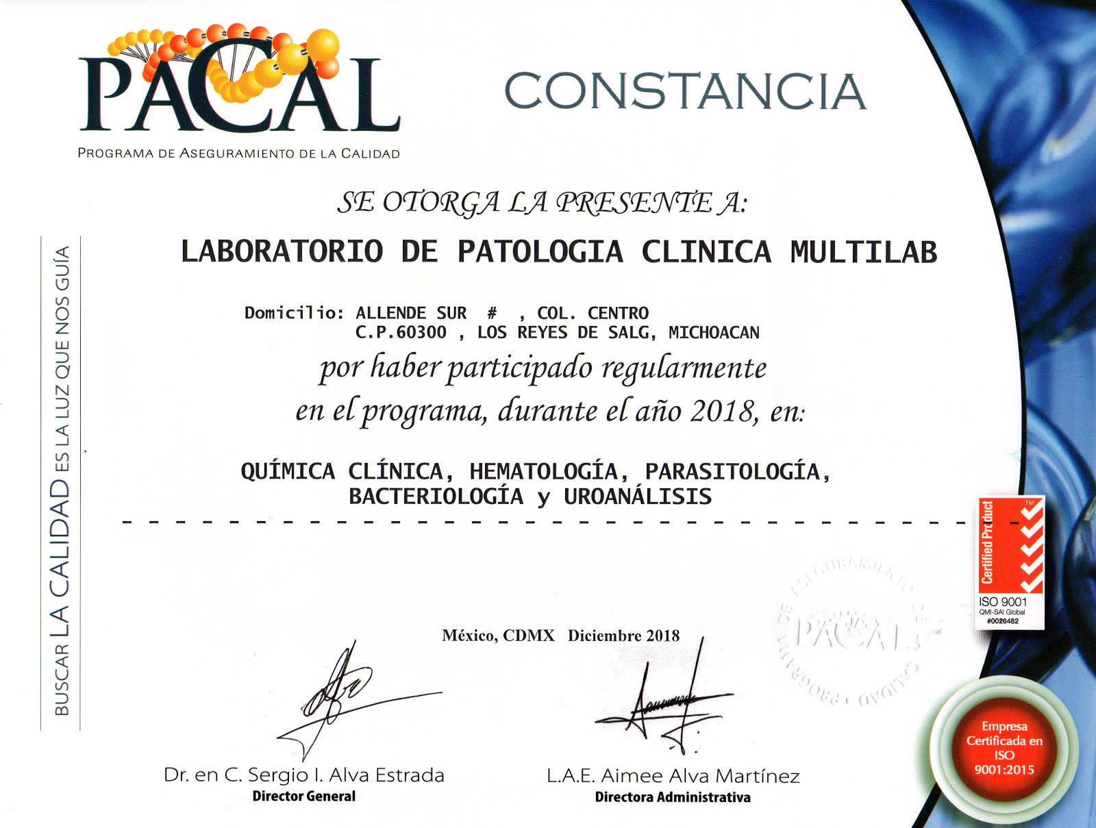 DIPLOMAS DE PARTICIPACION REGULAR EN CALIDAD 2018