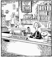 http://www.librarian-image.net Cartoon of a Librarian with sign that reads search engine