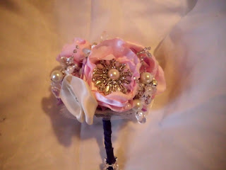 bouquet brooch pearls crystals bridal bridesmaid weddings fabric flower