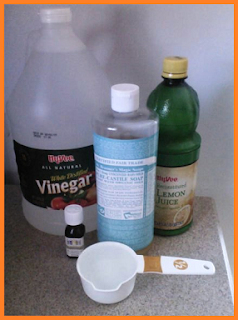 white vinegar, castile soap, lemon juice, essential oil (peppermint), 1/2 cup of water