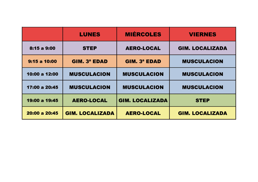 Gimnasio Tiempo Vital: Horarios de clases