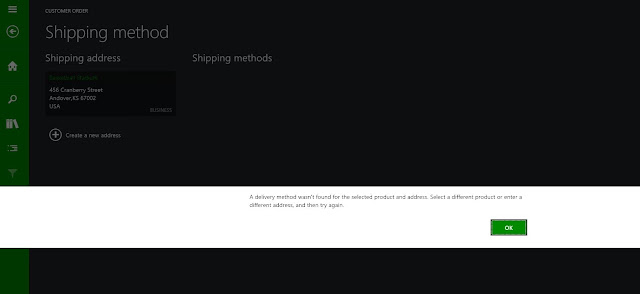 AX 2012 Point of Sale error: 'A delivery method wasn't found for the selected product and address'