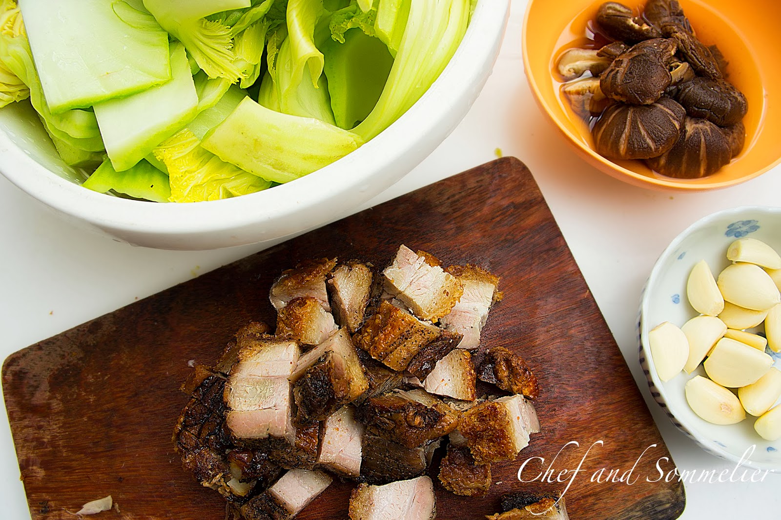 Chef and Sommelier Braised Chinese Mustard Green with Roast Pork