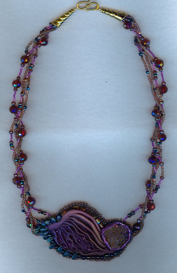 Necklace Shibori Silk and crystals with Druzy