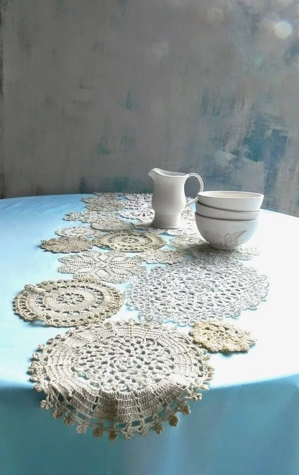 Sweet vintage doily table runner, by Summerland Cottage Studio, featured on ILoveThatJunk.com