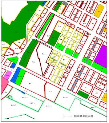 現今高雄港站的土地使用分區，紅色框的為第三種商業區， 特文區只剩下左下角的綠色框。(引用自高雄市都發局)