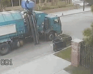 garbage truck throws rubbish everywhere funny gif recycling lorry auto-empty throws rubbish across pavement funny