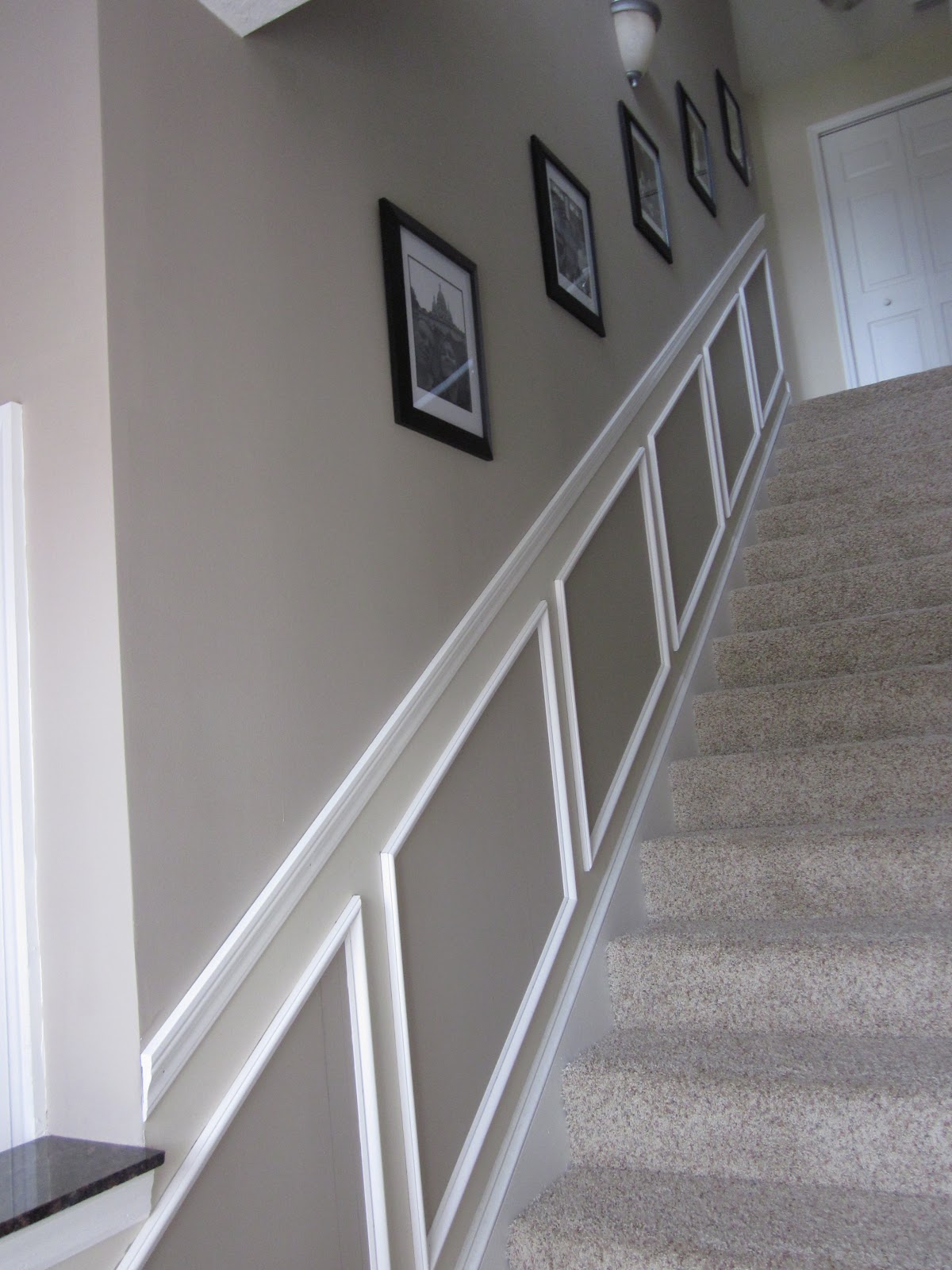 stairs staircase moulding wainscoting faux stairwell bottom angle right granite built he shelf nailer brad lipstick essentials hubby installed looks