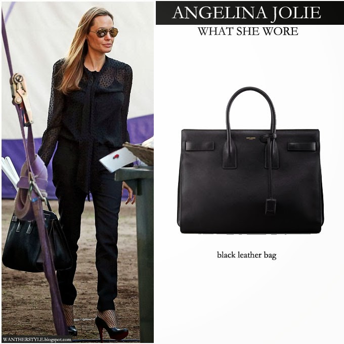 WHAT SHE WORE: Angelina Jolie in black polka dot sheer blouse with black  pants and black leather tote bag in Sydney on September 29 ~ I want her  style - What celebrities