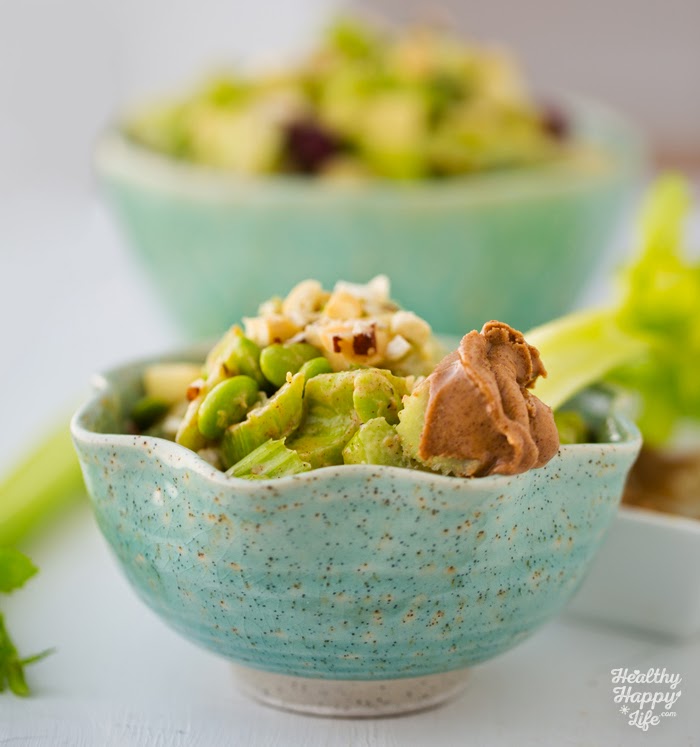 Peanutty Celery Apple Edamame Salad with a spicy kick! Vegan Recipe
