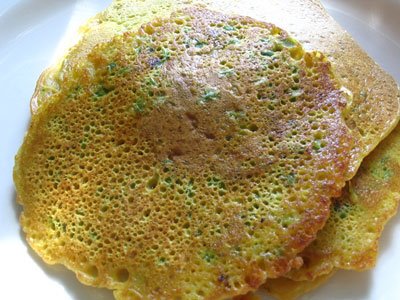 Chickpea Flour Pancakes (Pudla) alongside Crushed Peas, Ginger, Chilies in addition to Cilantro