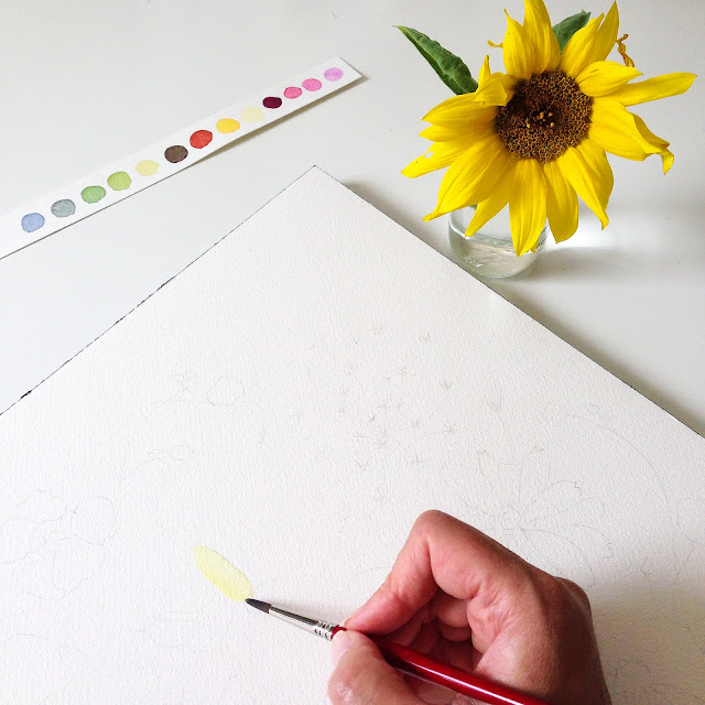 watercolor, watercolor painting, sunflower, painting sunflower, watercolor sunflower, studio, painting process, Anne Butera, My Giant Strawberry