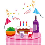 パーティーのテーブルのイラスト「ケーキとワインとクラッカー」
