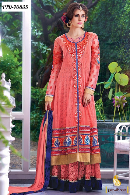 Buy online peach color georgette anarkali salwar suit online shopping at cheapest price in India