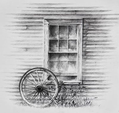 Original Art by Carroll Jones III  a triad of window, wheel and weeds drawing Untitled