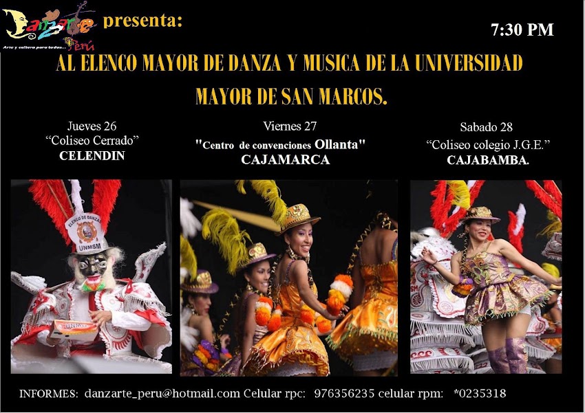 Danzas de La Universidad de San Marcos  se presentarán en Cajabamba este sábado 28