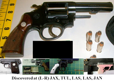 Five loaded handguns. Five loaded handguns.