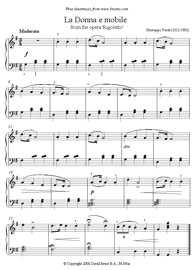 La Donna E Mobile From The Opera 'Rigoletto' Piano Chords Pianist Girl