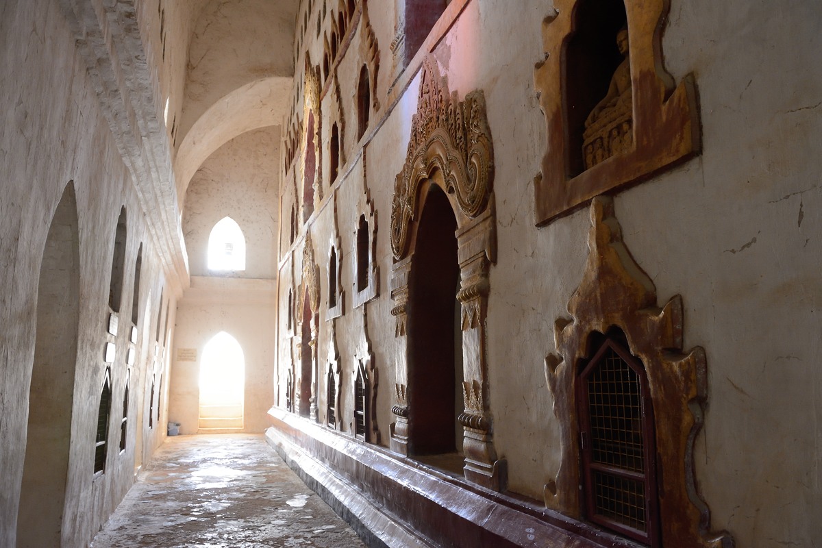 Sunlit corridor at Ananda Temple in Bagan, Myanmar