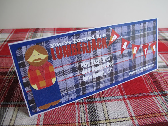 The lumberjack invites were made with paper and fabric, and then scanned into a computer to be printed off on white card stock. A brown envelope and a lumberjack stamp made them complete.