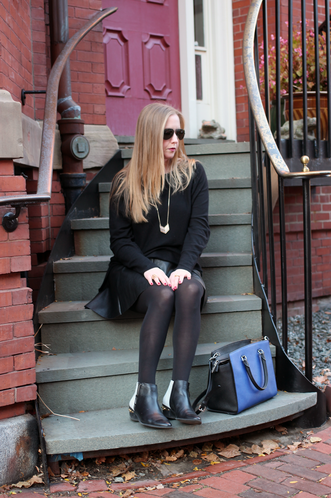 boston style blog, boston fashion blog, beacon hill, boston fashion blogger, faux leather pleated skirt, circus by sam edelman, black sweater on black leather, monochromatic look 