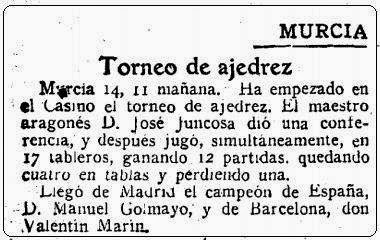 Noticia sobre el I Torneo Nacional de Ajedrez de Murcia 1927 en ABC, 15 de abril de 1927