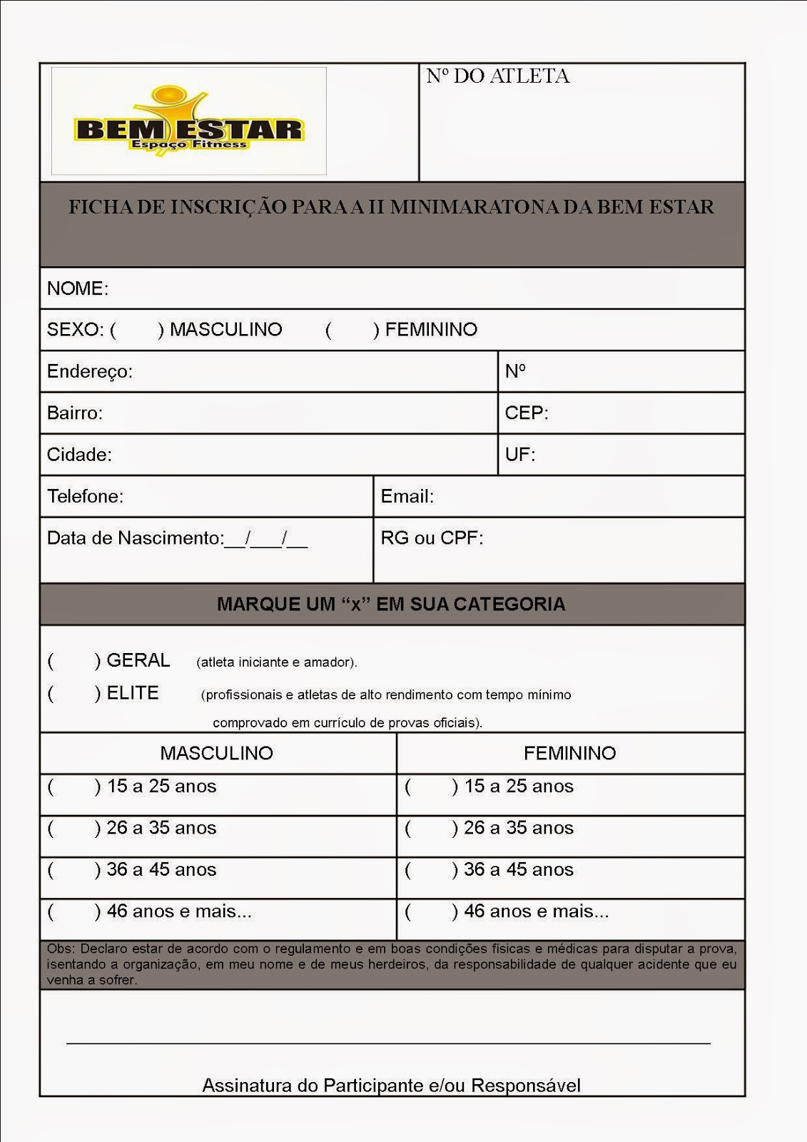 Ficha De Inscrição Para Namorar Comigo Mini Maratona da Bem Estar / Pirambu-SE: FICHA DE INSCRIÇÃO