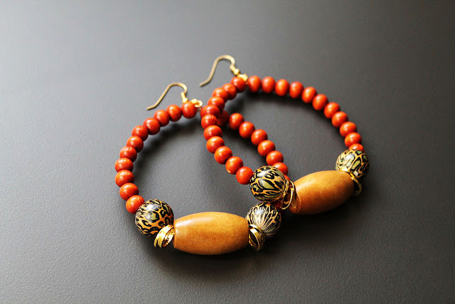 african wood beaded hoop earrings