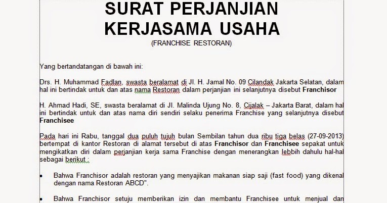 Doc Contoh Surat Perjanjian Kerjasama Usaha Bisnis