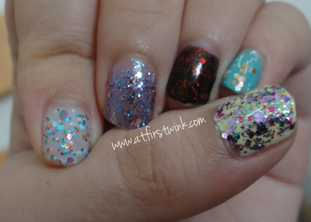 colorful glittery nails using Etude House, Peripera, and Innisfree nail polishes