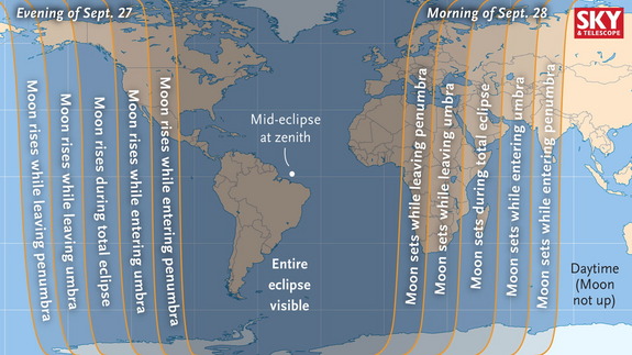 A map showing where and when the total lunar eclipse will take place