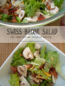 swiss bacon salad, spinach salad, poppy seed dressing, mushrooms