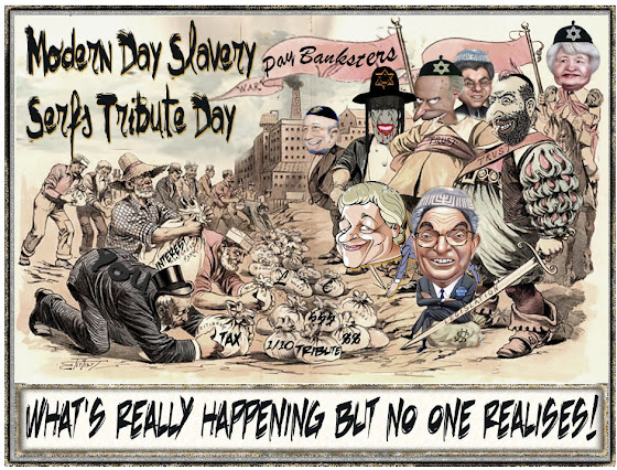 cartoon: Modern day slavery, serf's tribute day to the parasitic Banksters' and their parasitic fiat currency crime racket.