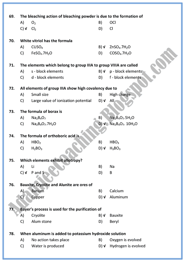 Adamjee Coaching Chemistry Mcqs XII All Chapters 51 to 100