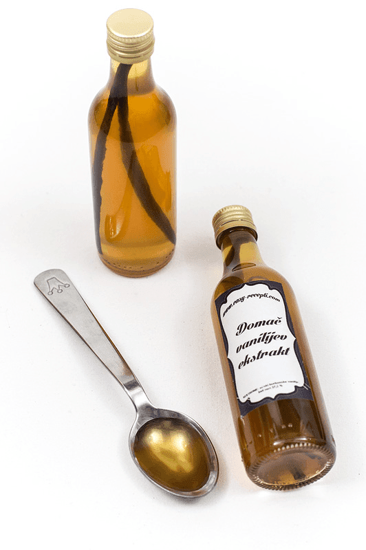 Homemade vanilla extact bottle and spoon