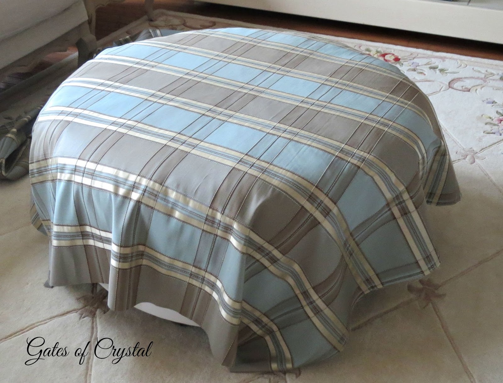 Gates of Crystal Reupholstering a Round Ottoman With Almost No Sewing!