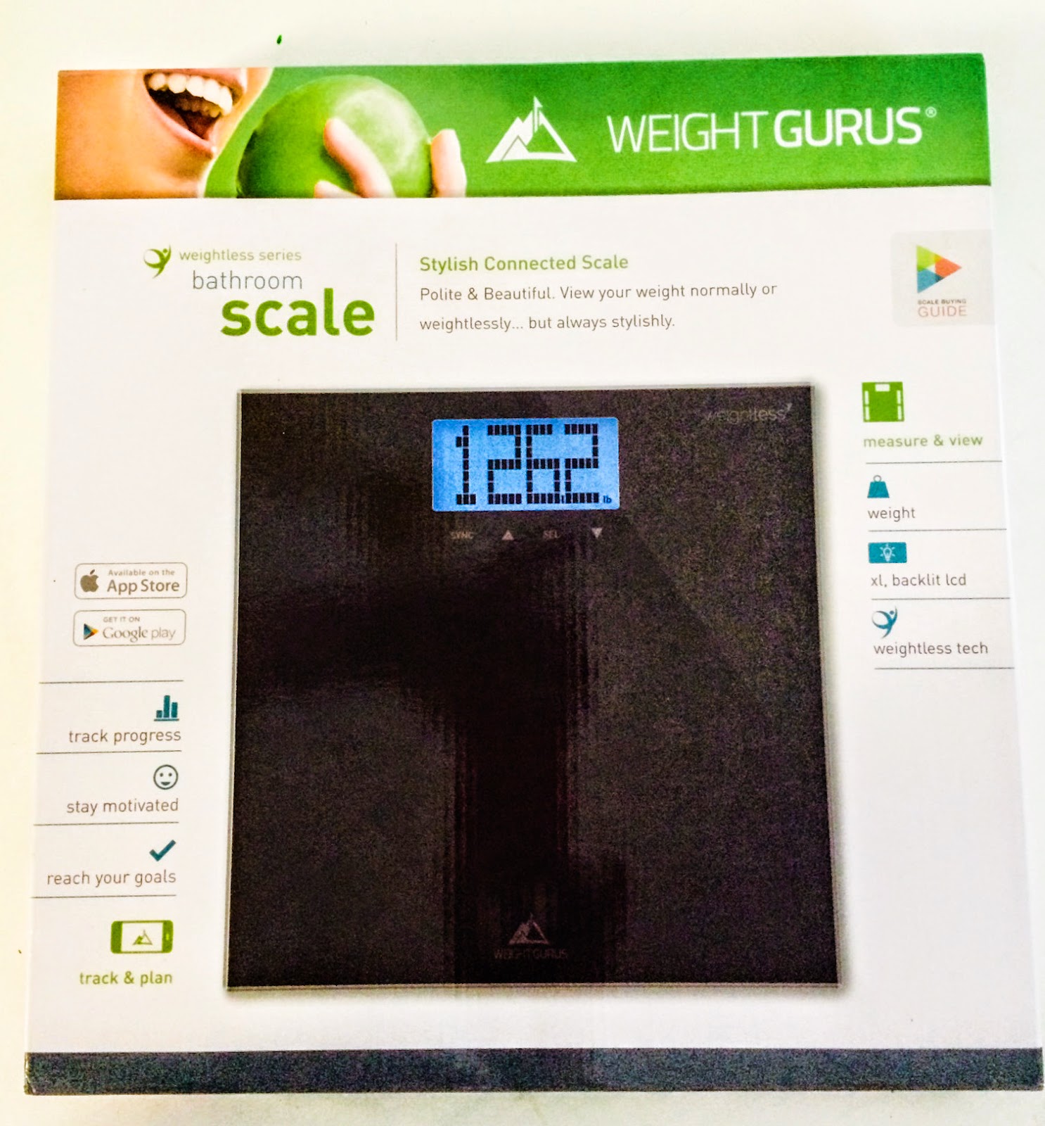 Weight Gurus Smartphone Connected Digital Bathroom Scale with Large Backlit LCD and Weightless