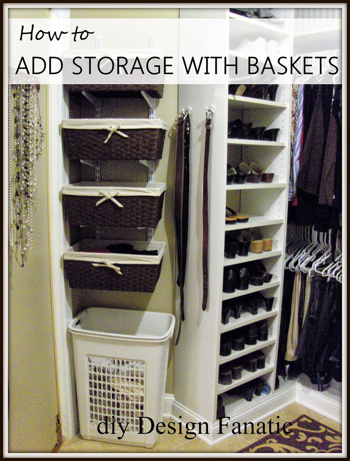 track bracket, baskets, master closet, organization, storage shelves